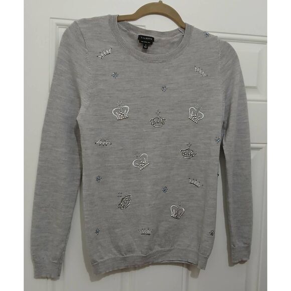Talbots womens small crown rhinestone crewneck sweater Merino Wool gray - Picture 5 of 9